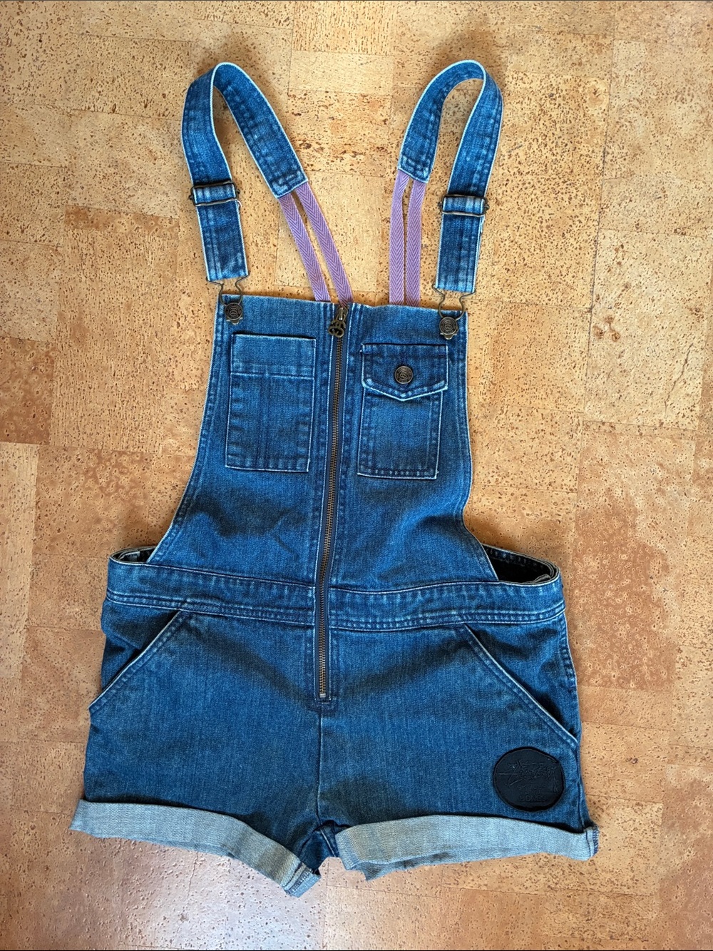 Stussy Blue Denim Short Overalls with Purple Straps